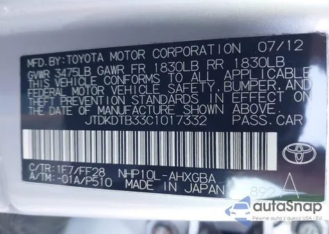 2012 Toyota Prius C Three z USA, uszkodzony, nr VIN JTDKDTB33C1017332